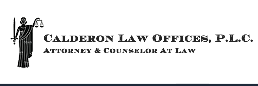 Calderon Law Offices logo with justice figure.
